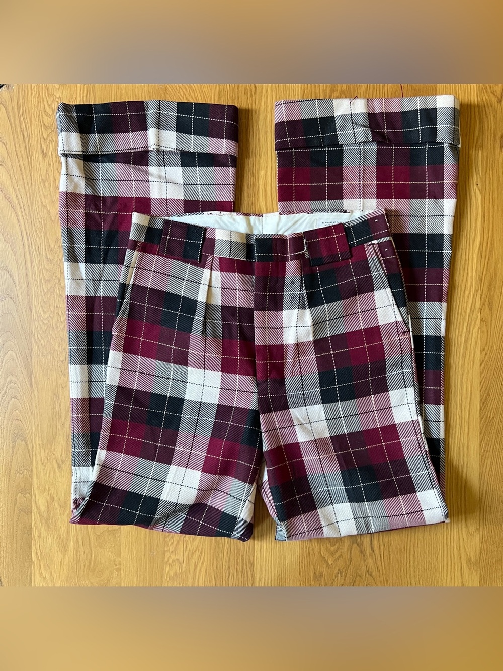 Vtg 70s Men’s Wright White Maroon Plaid Polyester Bell Bottom Pants - 31 x 33